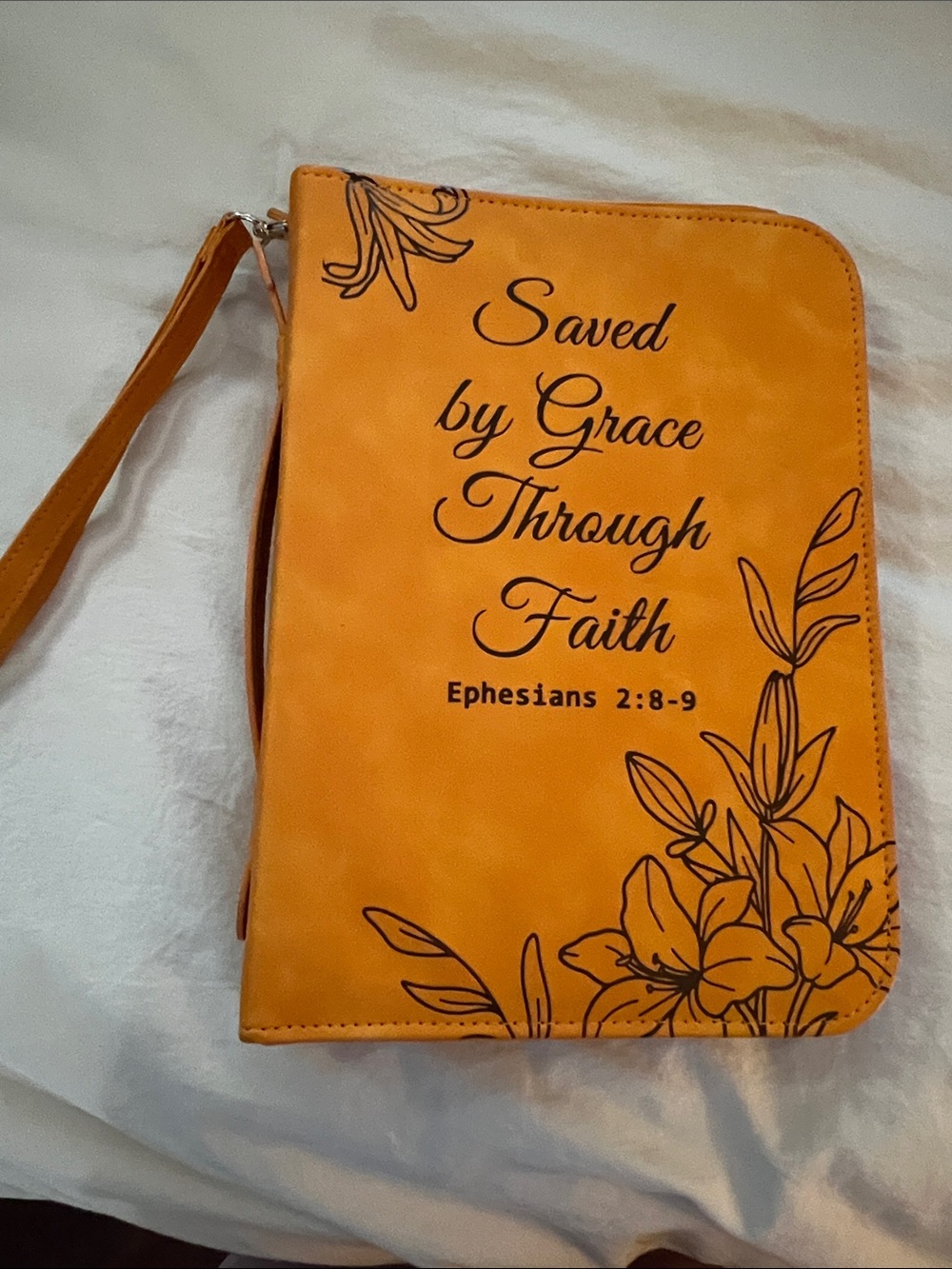 Wristlet Bible Cover - Orange "Saved by Grace Through Faith"